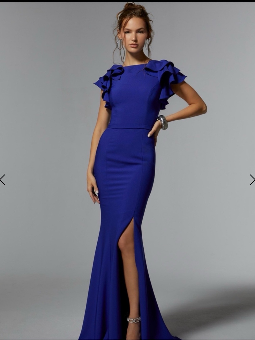 Worn once- Elegant Royal Blue Ruffle-Sleeve Evening Gown